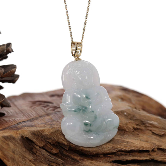 RealJade® Co. Jade Guanyin Pendant Necklace Copy of "Goddess of Compassion" Genuine Burmese Ice Blue Jadeite Jade Guanyin Necklace With Good Luck Design 14k Yellow Gold Bail