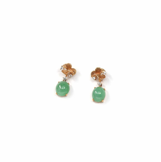 RealJade® Co. Gold Jade Earrings  18K Rose Gold "Apricot Blossom" Green Jadeite Jade Dangle Stud Earrings