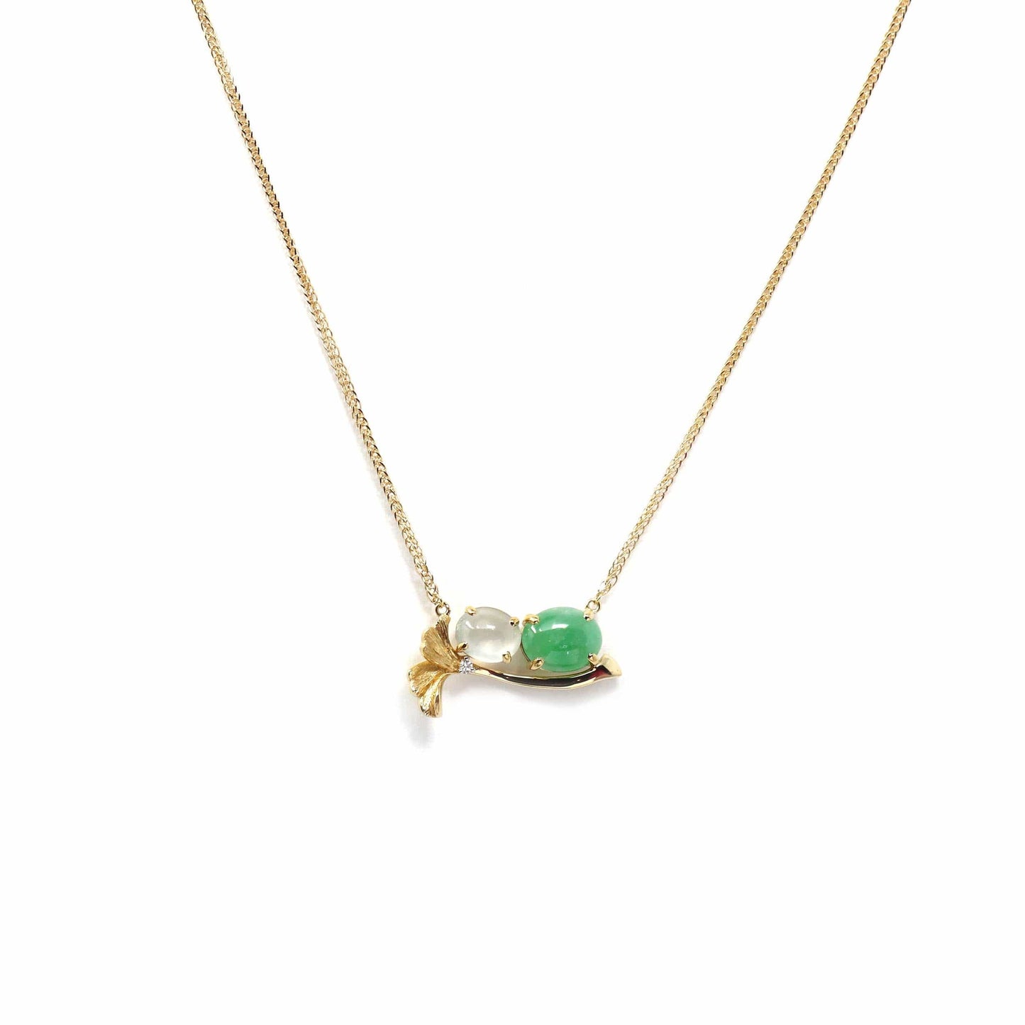 RealJade® Co. Gold Jadeite Necklace  18k Yellow Gold Jadeite Jade Ginkgo Leaf Pendant Necklace with Diamond