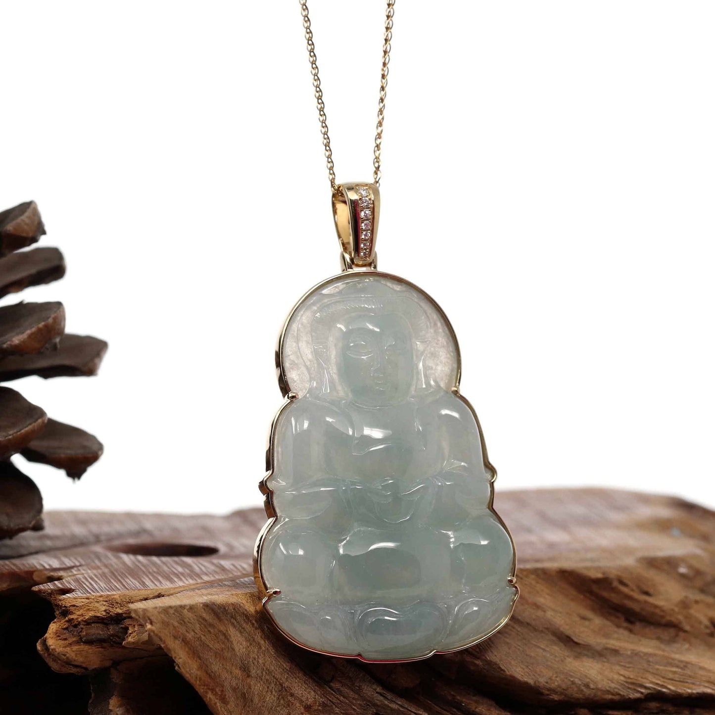 RealJade® Co. Jade Guanyin Pendant Necklace  "Goddess of Compassion" 14k Yellow Gold Genuine Burmese Jadeite Jade Guanyin Necklace With Good Luck Design