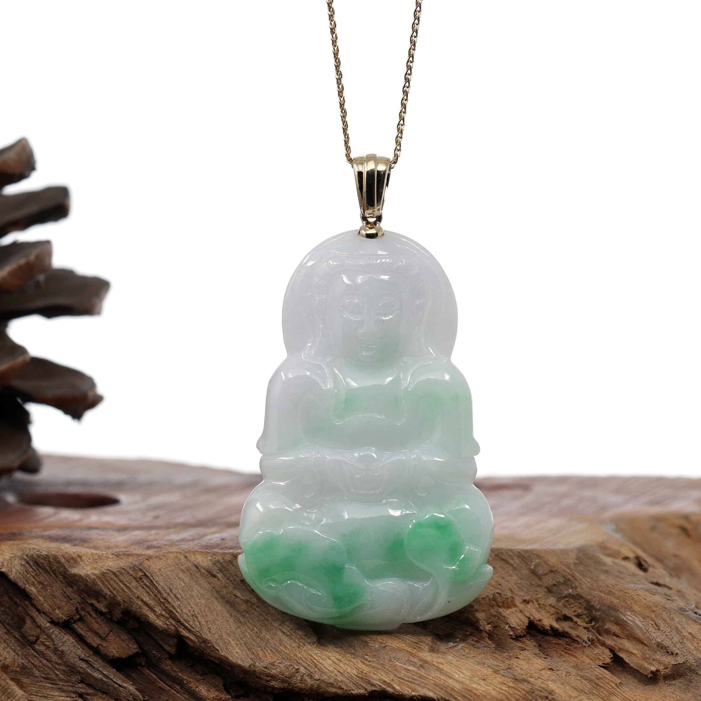 RealJade® Co. Jade Guanyin Pendant Necklace Pendant Only   "Goddess of Compassion" 14k Yellow Gold Genuine Burmese Jadeite Jade Guanyin Necklace With Good Luck Design