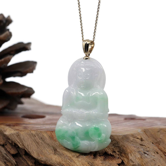 RealJade® Co. Jade Guanyin Pendant Necklace   "Goddess of Compassion" 14k Yellow Gold Genuine Burmese Jadeite Jade Guanyin Necklace With Good Luck Design
