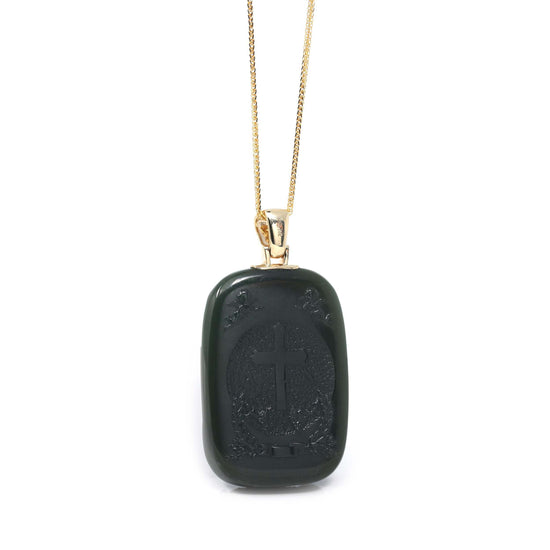 RealJade® Co. Gold Jade Pendant RealJade® Co.‚Ñ¢ 14K Yellow Gold Genuine Nephrite Black Jade Jesus Pendant Necklace