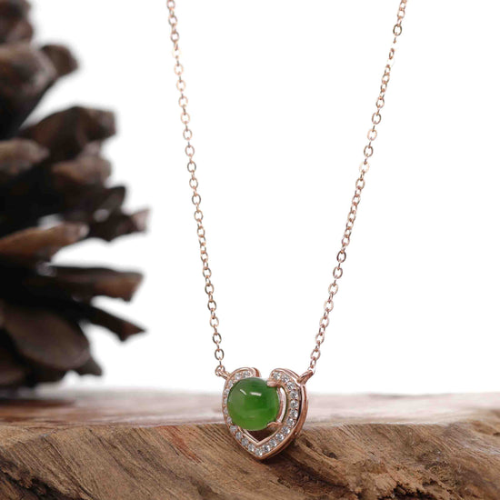 RealJade® Sterling Silver Real Green Nephrite Jade Love Pendant Necklace With CZ