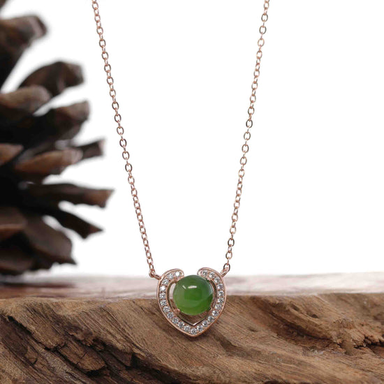RealJade® Sterling Silver Real Green Nephrite Jade Love Pendant Necklace With CZ