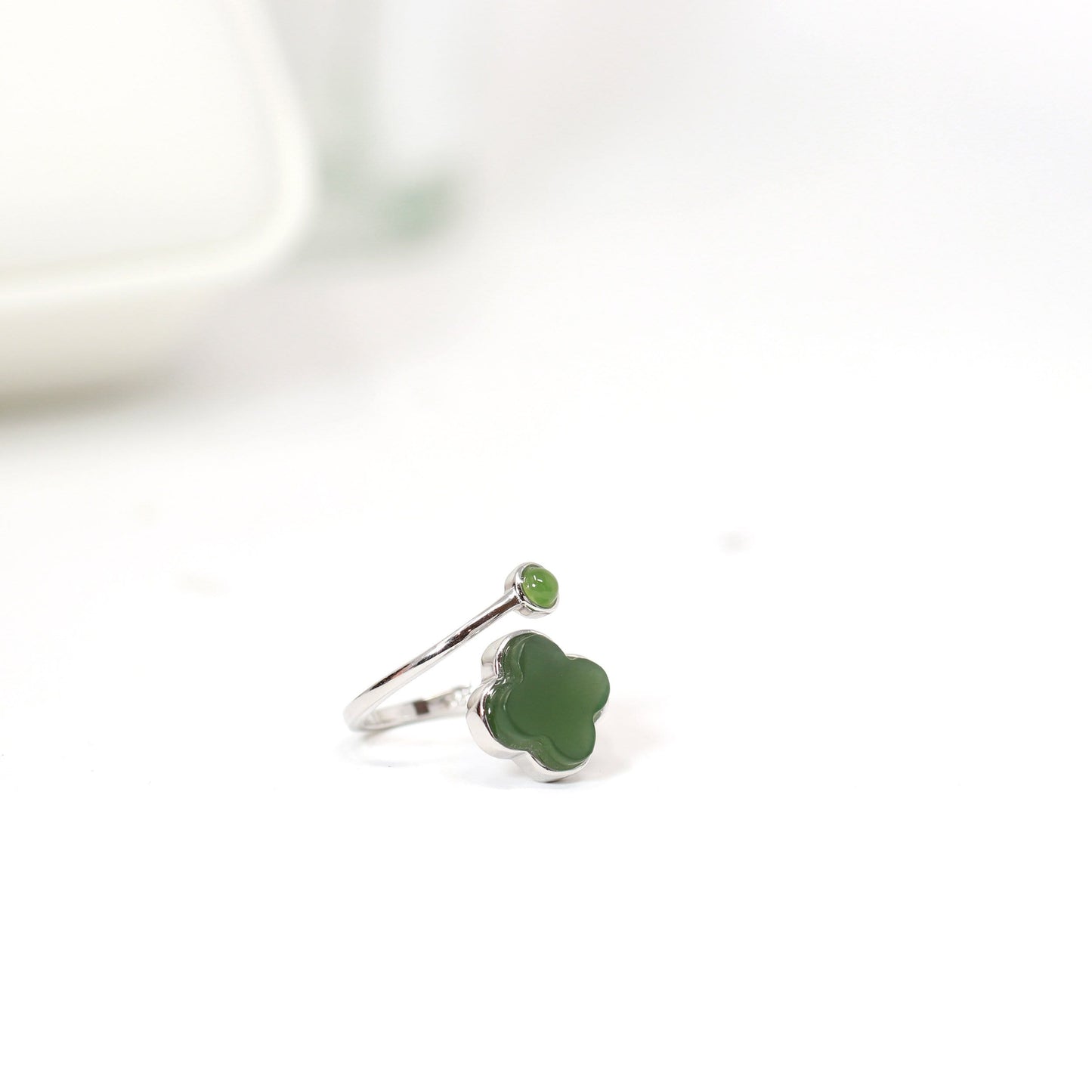 RealJade® Sterling Silver Real Green Nephrite Jade Lucky Four Leaf Clover Ring