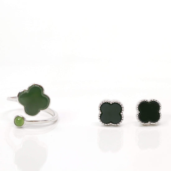 Load image into Gallery viewer, RealJade® &amp;quot;Lucky Four Leaf Clover&amp;quot; Sterling Silver Real Green Nephrite Jade Earrings
