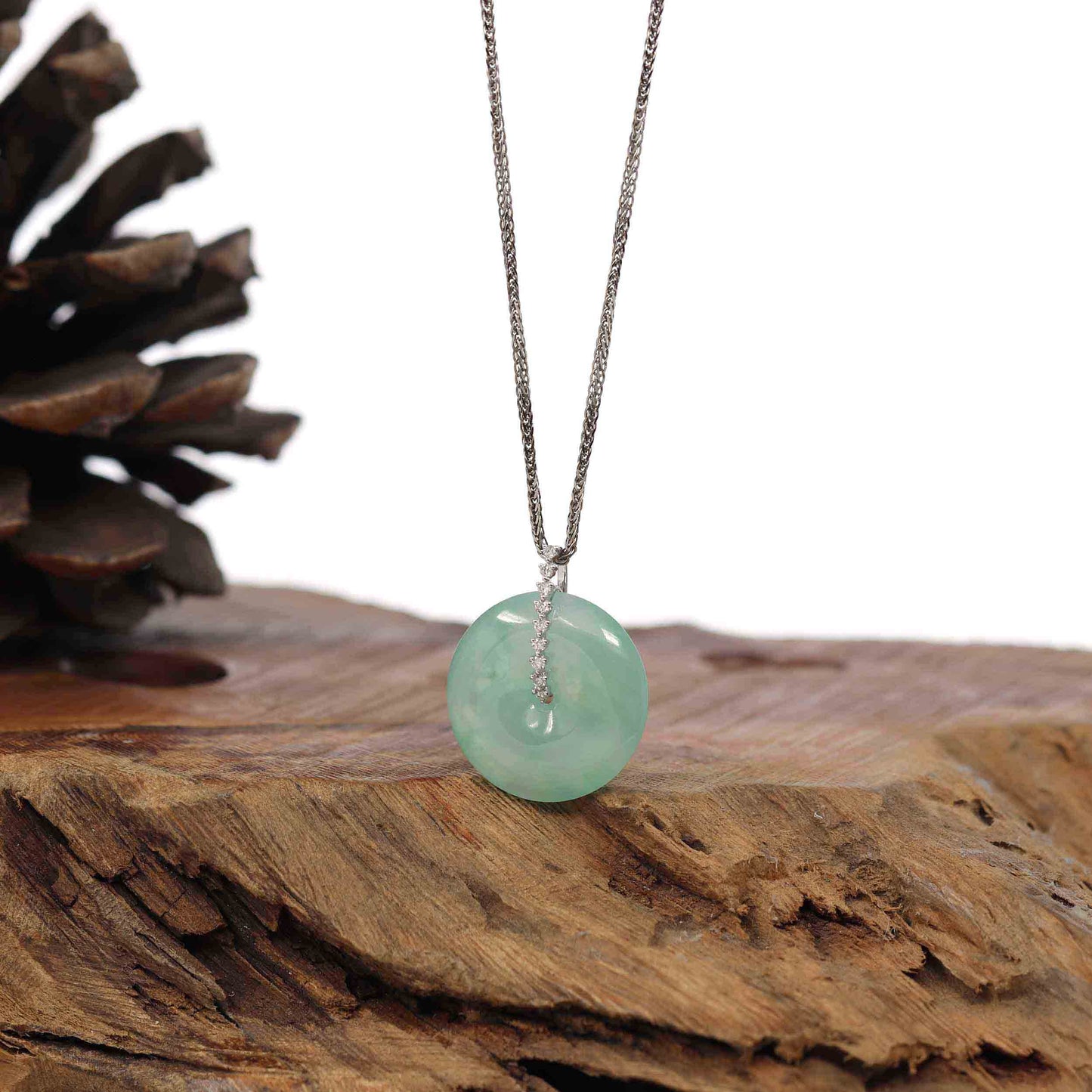 RealJade® Co. Gold Jadeite Jade Pendant Necklace 18K White Gold "Good Luck Button" Necklace Ice Green Jadeite Jade Pendant Necklace