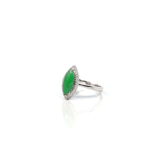 RealJade® Co. Jadeite Engagement Ring 18k White Gold Natural Imperial Green Oval Jadeite Jade Engagement Ring With Diamonds