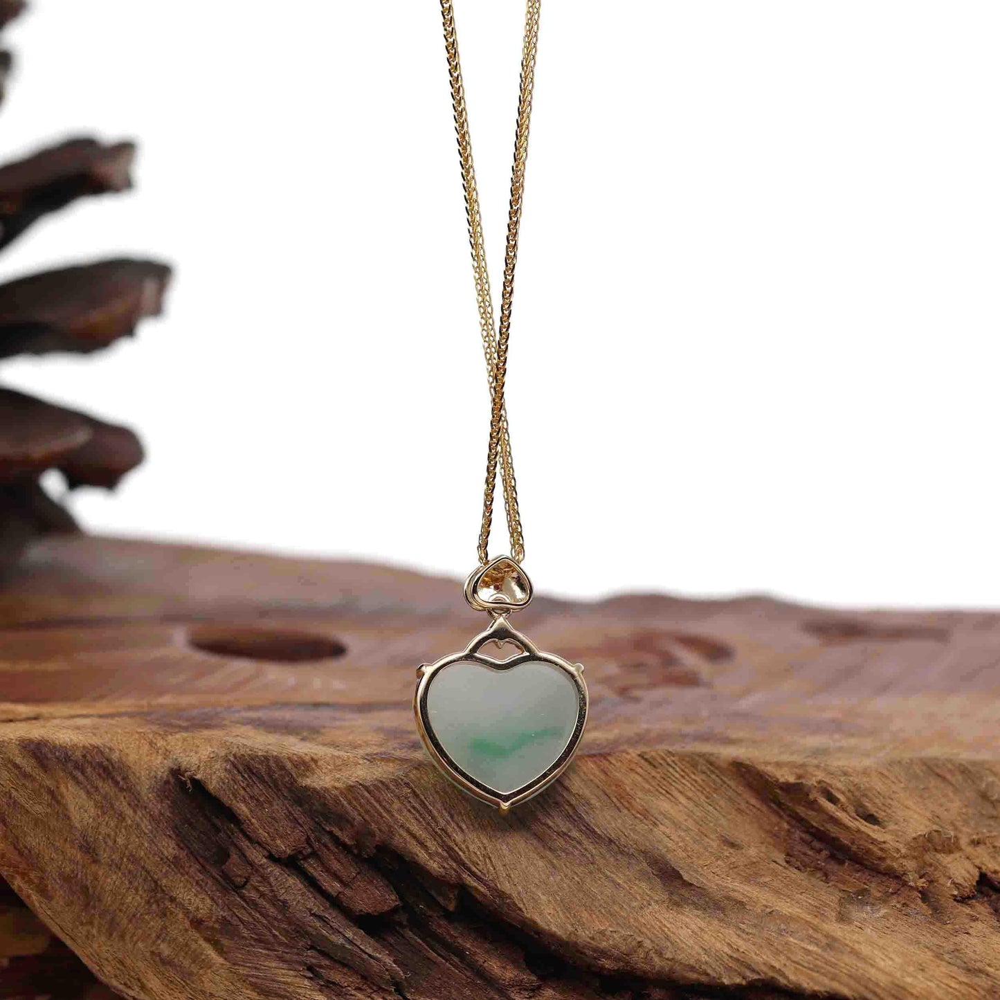 RealJade® Co. 14K Yellow Gold Genuine Burmese Green Jadeite Jade Heart Pendant with VS1 Diamonds High Jewelry