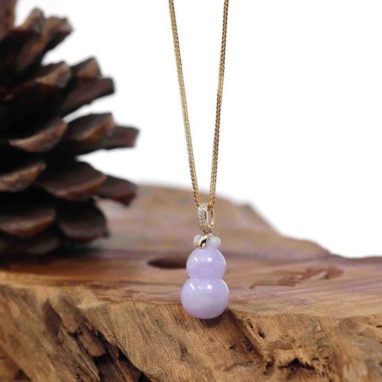 Natural Lavender Jadeite Jade "Magic Bottle Gourd" Hulu Necklace With 14k Yellow Gold Diamond Bail