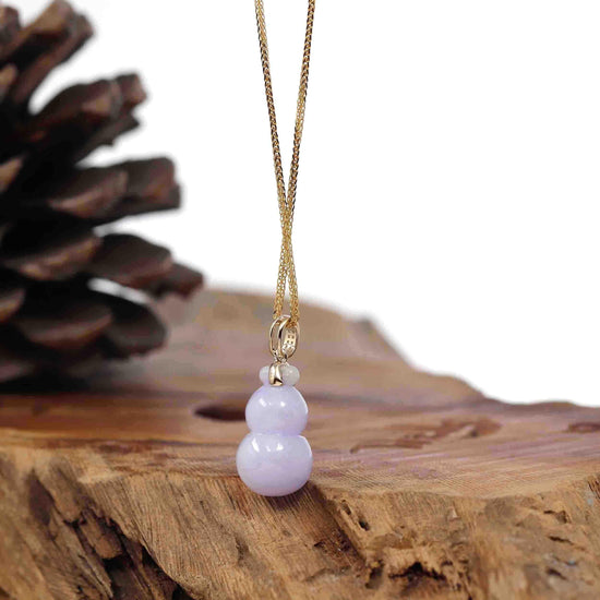 Natural Lavender Jadeite Jade "Magic Bottle Gourd" Hulu Necklace With 14k Yellow Gold Diamond Bail