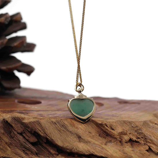 RealJade® Co. 14K Yellow Gold Genuine Burmese Green Jadeite Jade Heart Pendant with VS1 Diamonds High Jewelry