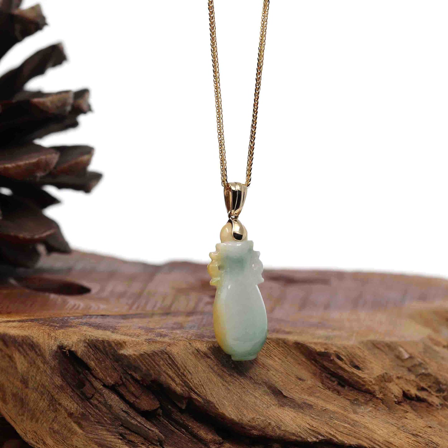 Natural Unique Jadeite Jade Lucky Bottle Necklace with 14k Yellow Gold Bail