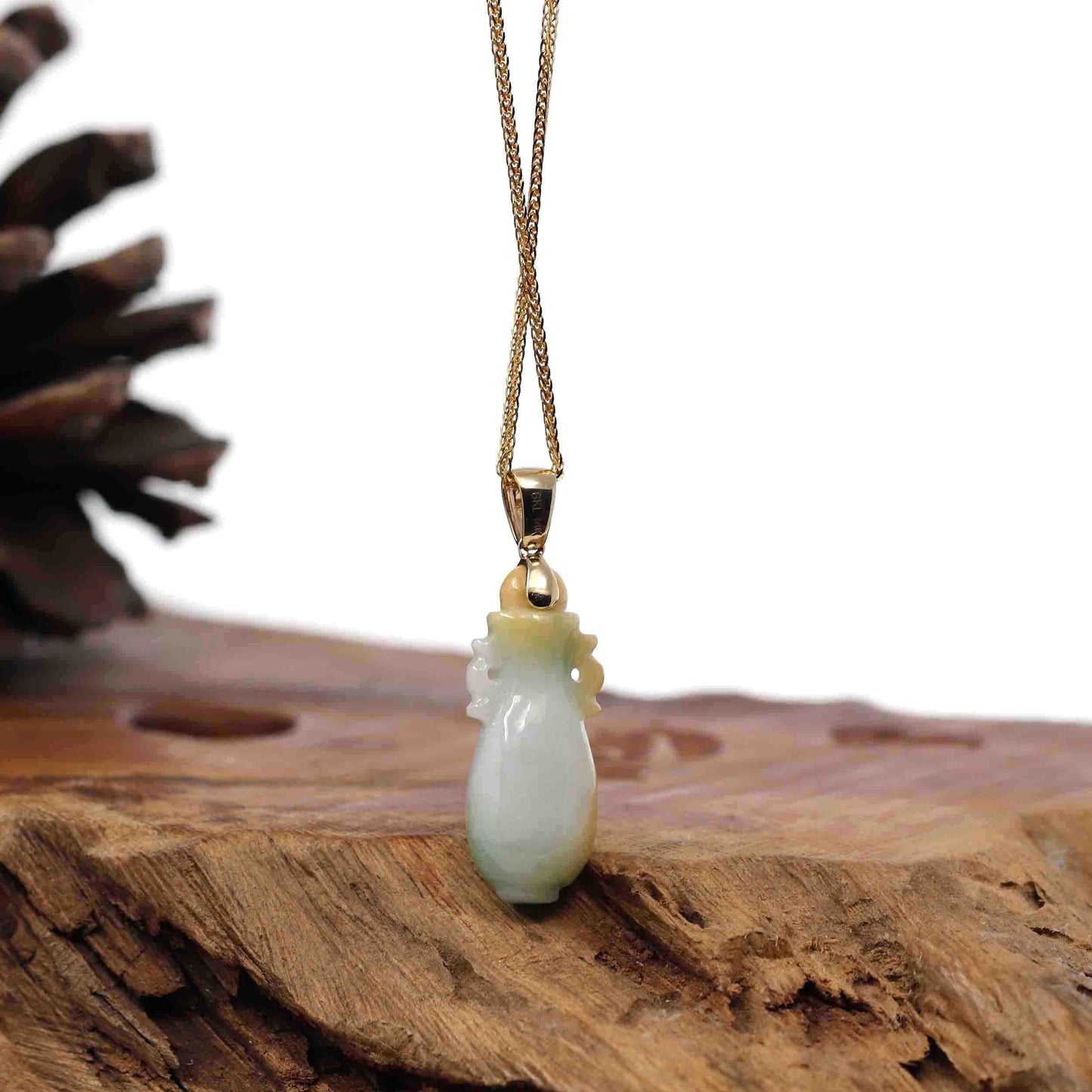 Natural Unique Jadeite Jade Lucky Bottle Necklace with 14k Yellow Gold Bail