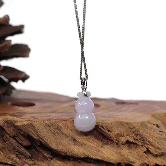 Natural Lavender Jadeite Jade "Magic Bottle Gourd" Hulu Necklace With 14k White Gold Diamond Bail