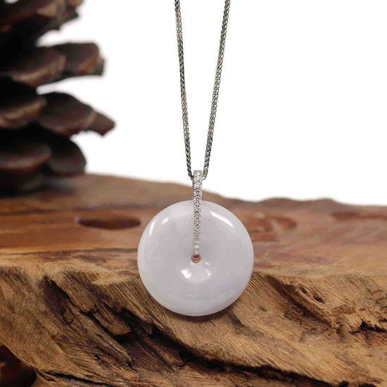 RealJade® Co. Gold Jadeite Jade Pendant Necklace 14K White Gold "Good Luck Button" Necklace Ice Lavender Jadeite Jade Pendant Necklace