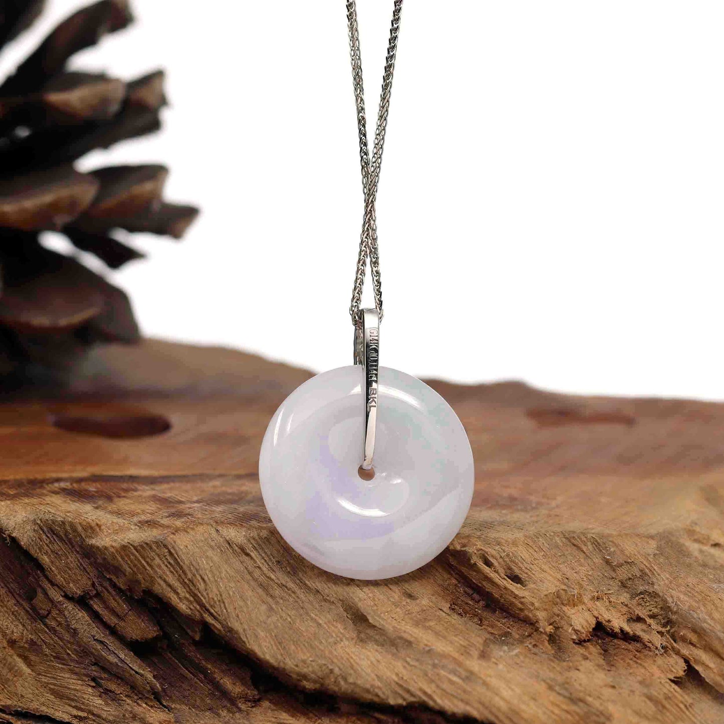 RealJade® Co. Gold Jadeite Jade Pendant Necklace 14K White Gold "Good Luck Button" Necklace Ice Lavender Jadeite Jade Pendant Necklace