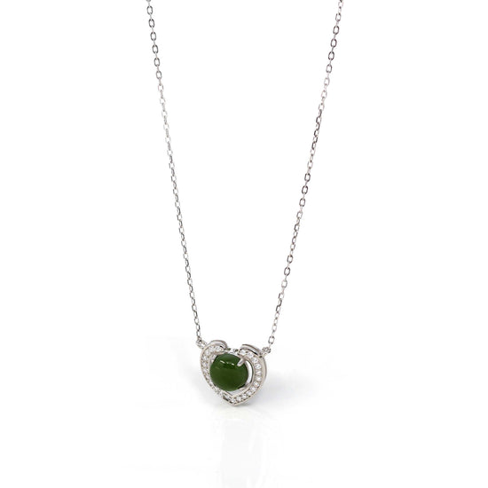RealJade® Co. Sterling Silver Real Green Nephrite Jade Love Pendant Necklace With CZ