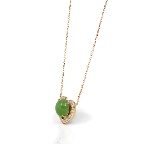 14K Gold Genuine Green Apple Green Jade Love Pendant Necklace With VS1 Diamond