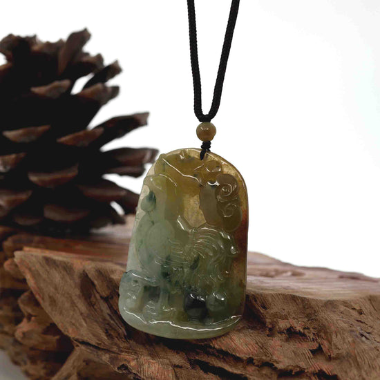 RealJade® Co. Natural Honey Yellow Jadeite Jade "Rooster" Pendant Necklace For Men, Collectibles.