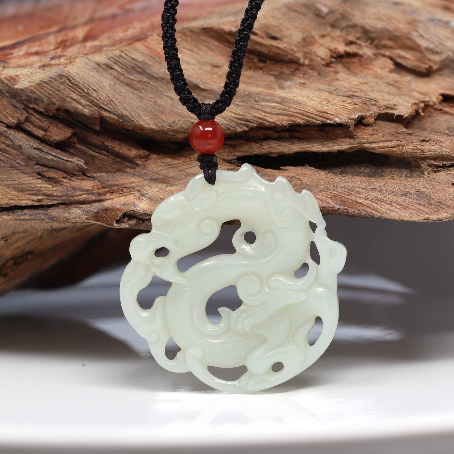 Carved Chinese Green Jade Dragon and Phoenix Pendant Necklace - Ruby Lane