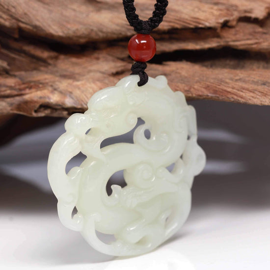 RealJade "Jade Dragon In Cloud" Genuine White Nephrite Jade Dragon Pendant Necklace
