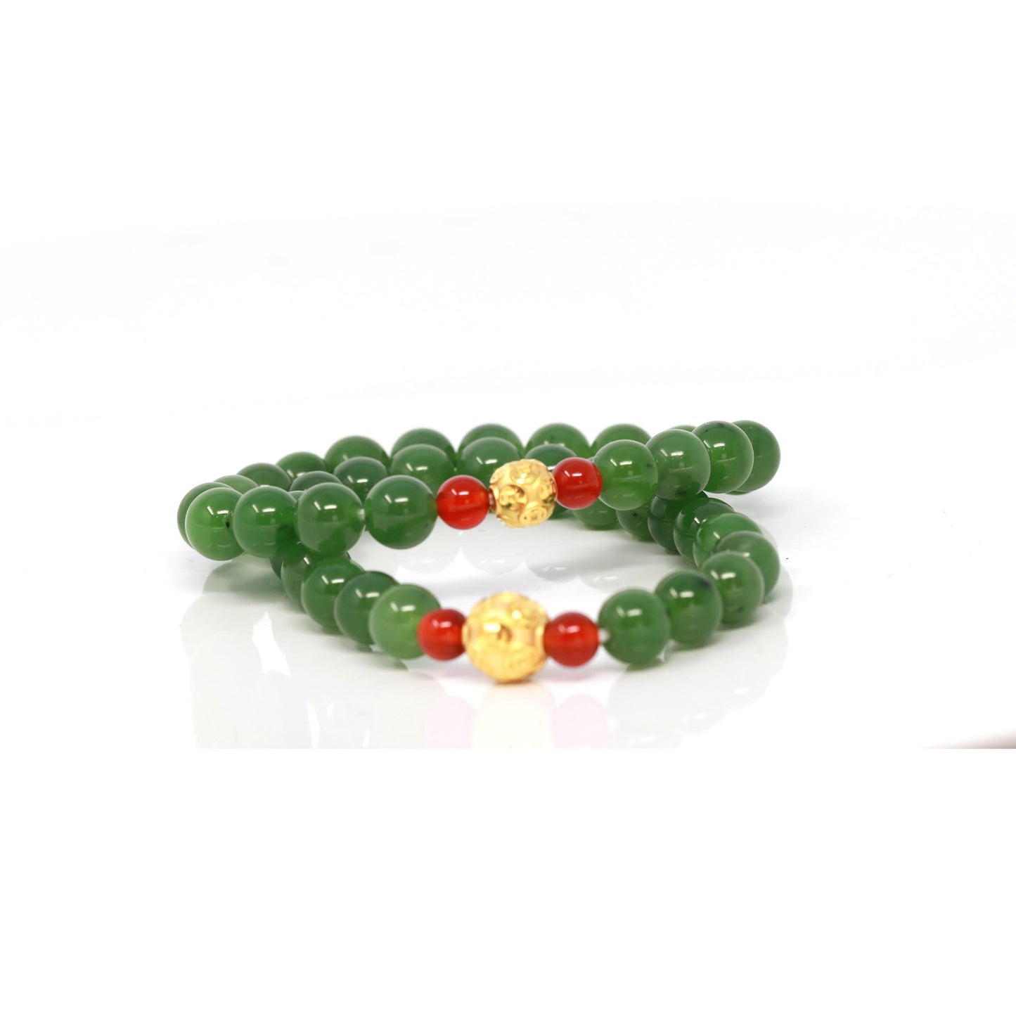 24K Pure Yellow Gold Money Bead With Genuine Green Jade Round Beads Bracelet Bangle