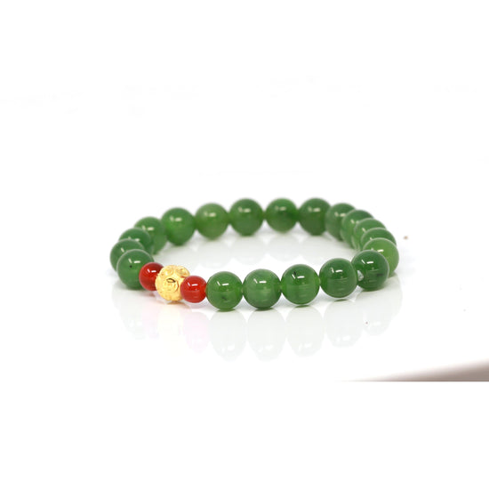 24K Pure Yellow Gold Money Bead With Genuine Green Jade Round Beads Bracelet Bangle ( 8 mm )