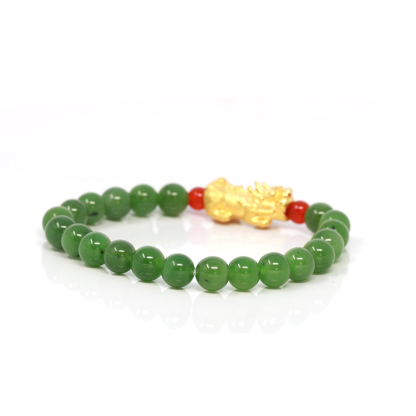 Load image into Gallery viewer, 24K Pure Yellow Gold &amp;quot;PiXiu&amp;quot; With Genuine Green Jade Round Beads Bracelet Bangle ( 8 mm )

