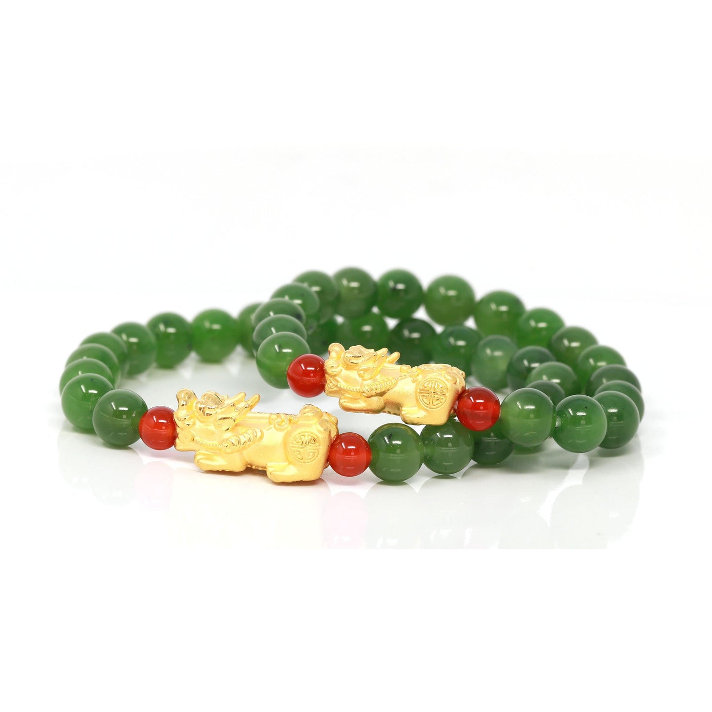 24K Pure Yellow Gold "PiXiu" With Genuine Green Jade Round Beads Bracelet Bangle ( 8 mm )