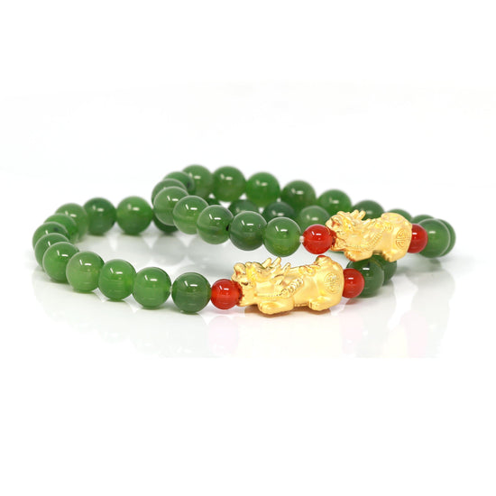 Load image into Gallery viewer, 24K Pure Yellow Gold &amp;quot;PiXiu&amp;quot; With Genuine Green Jade Round Beads Bracelet Bangle ( 8 mm )
