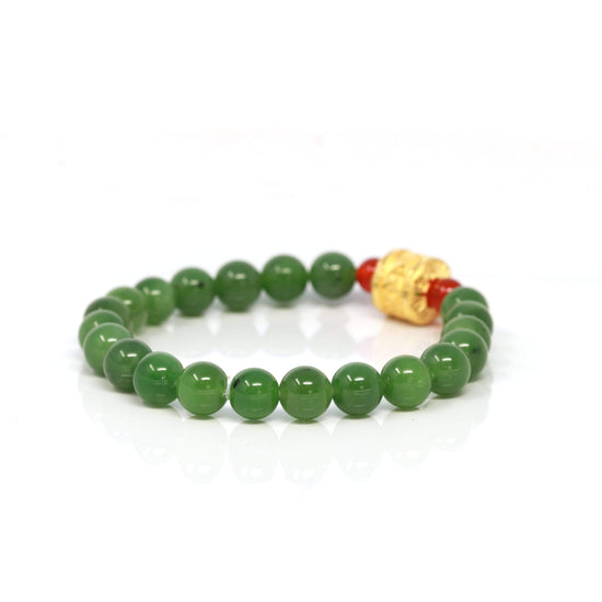 Genuine Jade Bracelet With Yellow Gold Buddha Symbol Charm