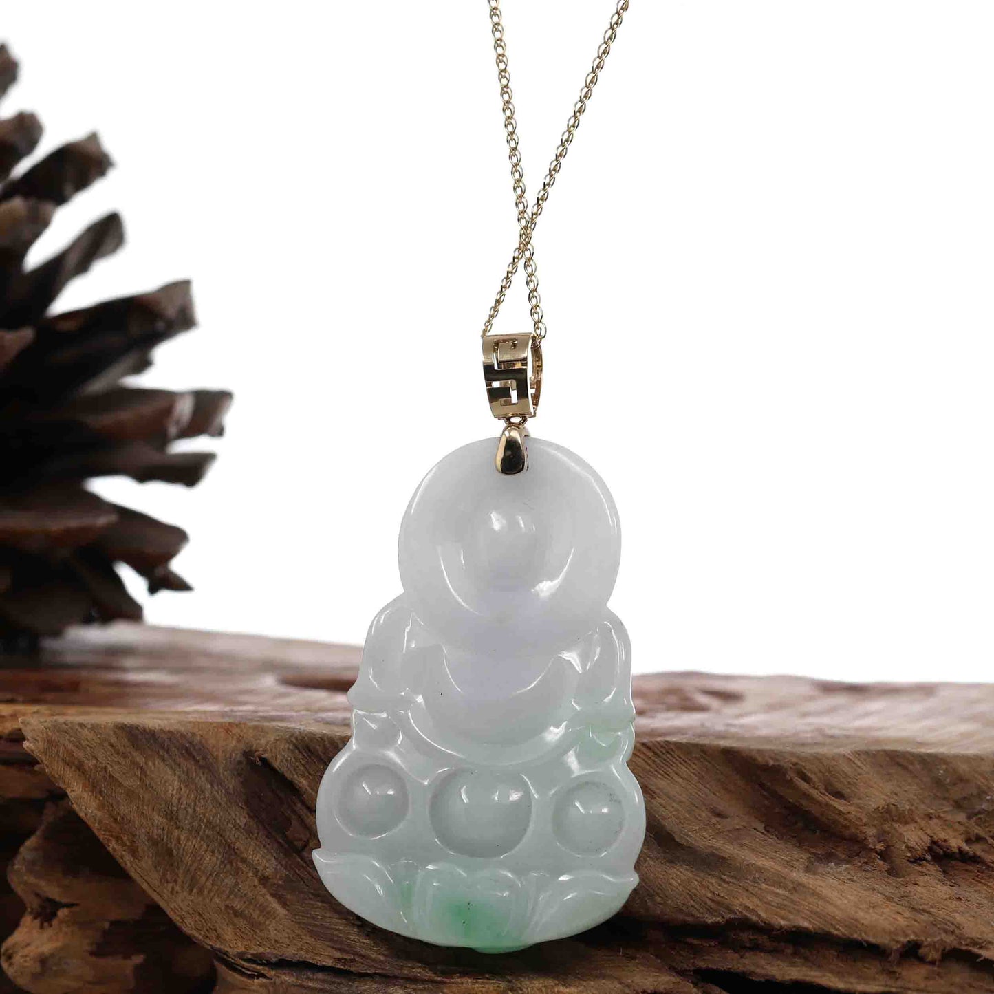 Load image into Gallery viewer, &amp;quot;Goddess of Compassion&amp;quot; 14k Yellow Gold Genuine Burmese Jadeite Jade Guanyin Necklace With Good Luck Design
