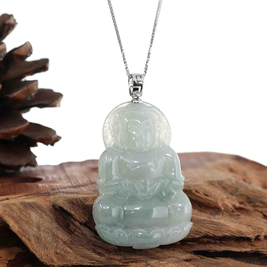 Load image into Gallery viewer, RealJade® Co. &amp;quot;Goddess of Compassion&amp;quot; Genuine Burmese Jadeite Jade Guanyin Necklace With Good Luck Design 14K Gold  Bail
