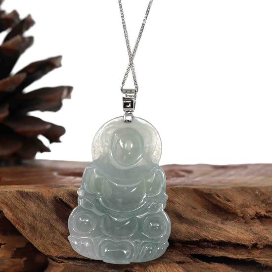 Load image into Gallery viewer, RealJade® Co. &amp;quot;Goddess of Compassion&amp;quot; Genuine Burmese Jadeite Jade Guanyin Necklace With Good Luck Design 14K Gold  Bail
