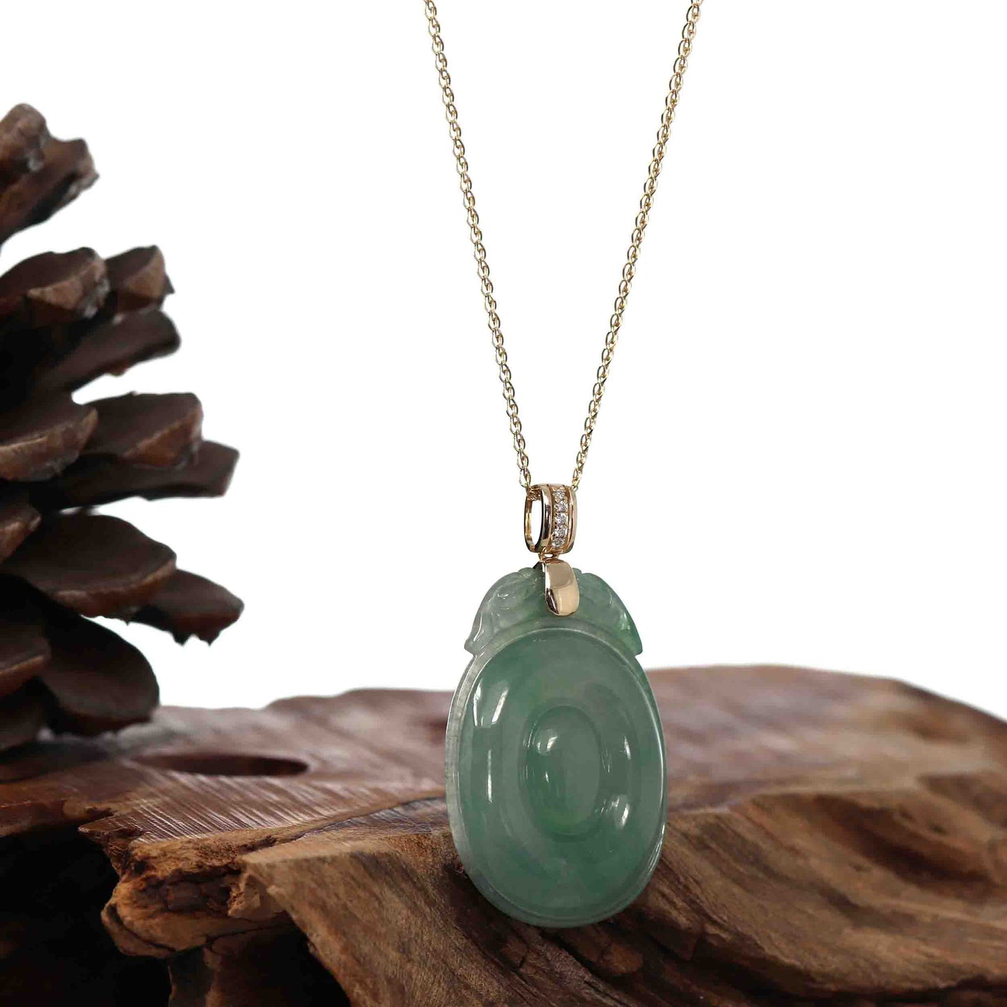 Load image into Gallery viewer, Genuine Green Jadeite Jade Dragon Necklace With VSI Diamond Gold Bail
