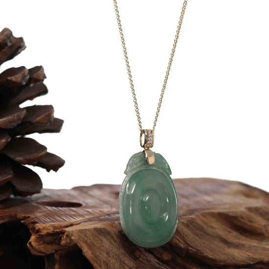 Genuine Green Jadeite Jade Dragon Necklace With VSI Diamond Gold Bail