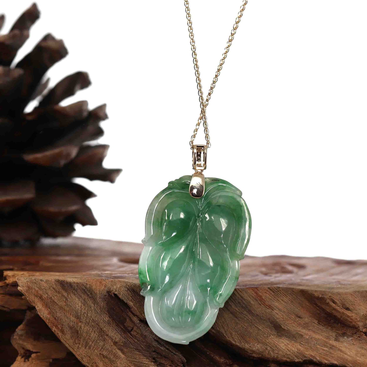 Genuine Green Jadeite Jade Leaf Necklace With VSI Diamond Gold Bail