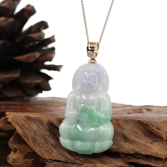 "Goddess of Compassion " 14k Yellow Gold Genuine Burmese Jadeite Jade Guanyin Necklace With Good Luck Design