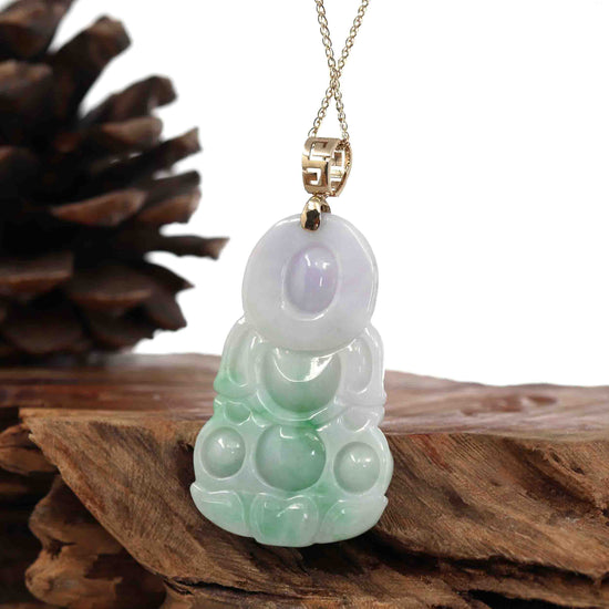 Load image into Gallery viewer, &amp;quot;Goddess of Compassion&amp;quot; 14k Yellow Gold Genuine Burmese Jadeite Jade Guanyin Necklace With Good Luck Design
