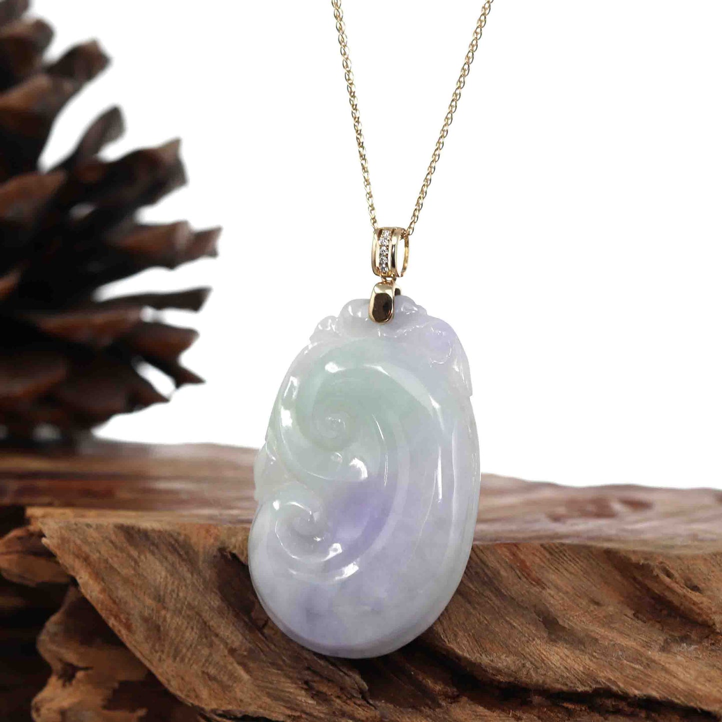 Load image into Gallery viewer, Genuine Lavender Jadeite Jade RuYi Pendant Necklace With 14K Yellow Gold Diamond Bail
