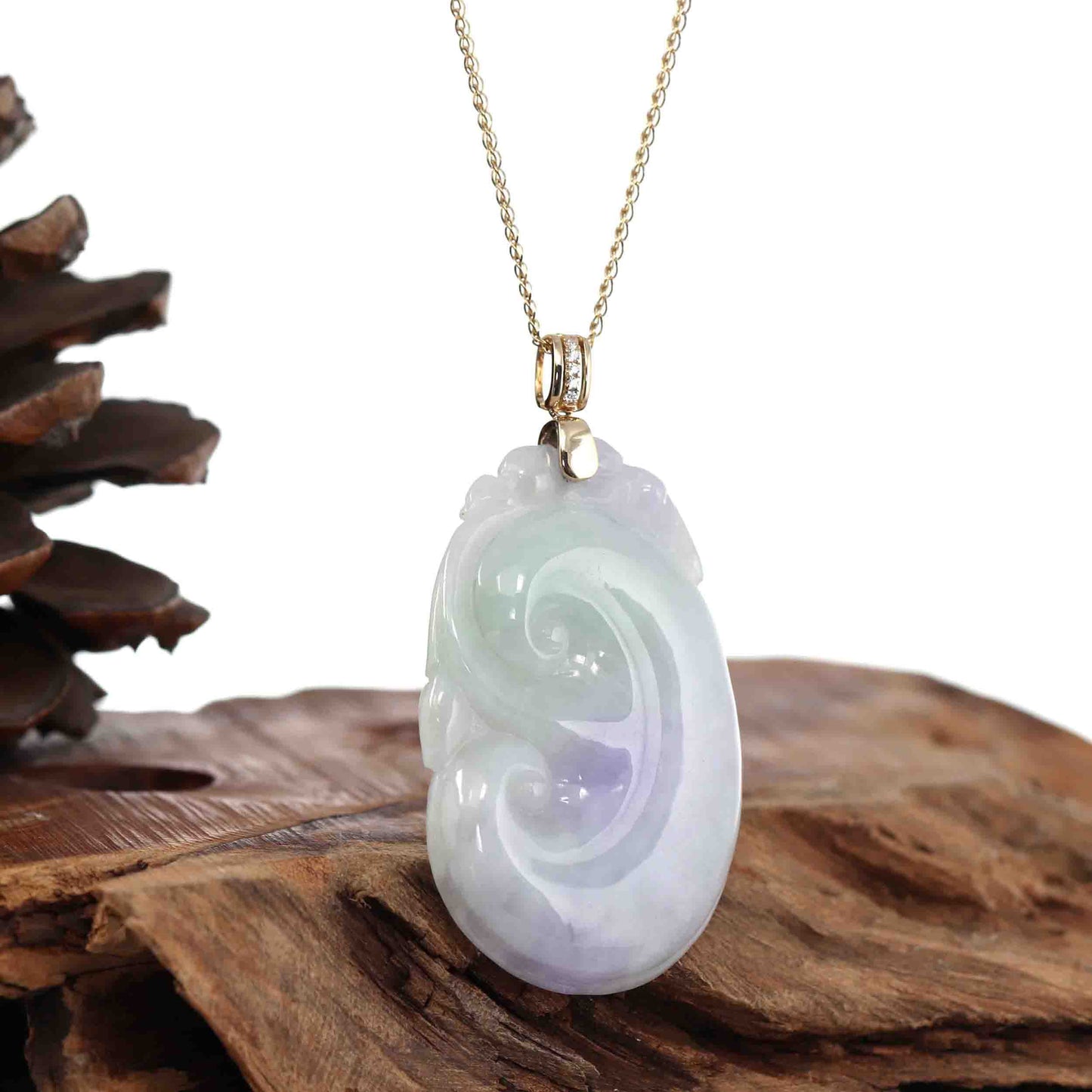 Load image into Gallery viewer, Genuine Lavender Jadeite Jade RuYi Pendant Necklace With 14K Yellow Gold Diamond Bail

