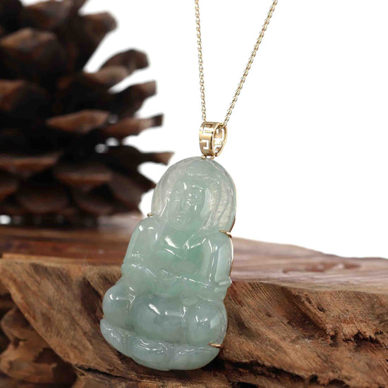 Load image into Gallery viewer, RealJade¨ Co. 14k &amp;quot;Goddess of Compassion&amp;quot; Genuine Burmese Jadeite Jade Guanyin Necklace

