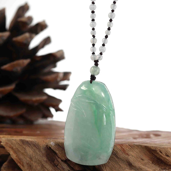 Genuine Ice Green Jadeite Jade "Good Luck Bamboo" Pendant Necklace With Real Jadeite Bead Necklace
