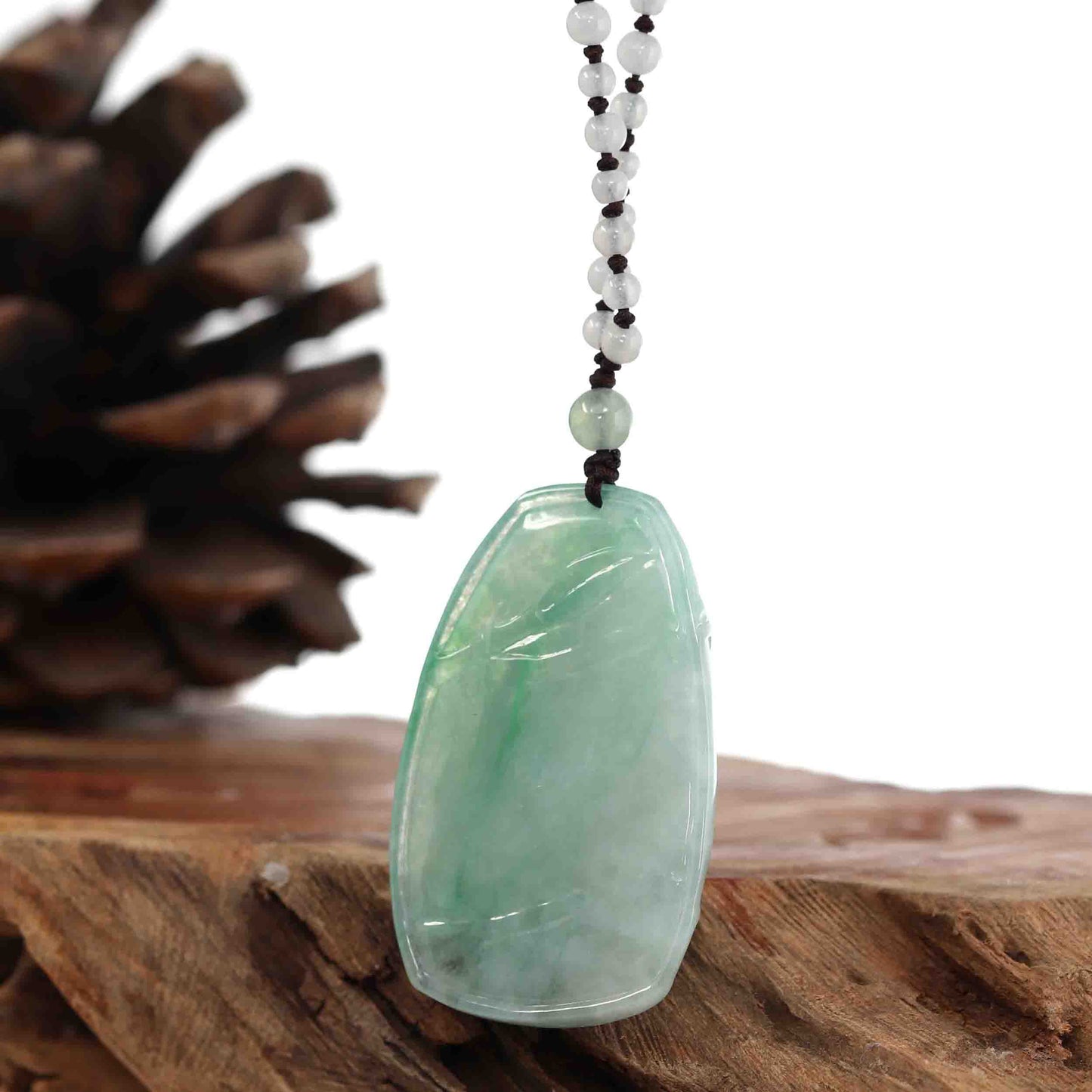 Load image into Gallery viewer, Genuine Ice Green Jadeite Jade &amp;quot;Good Luck Bamboo&amp;quot; Pendant Necklace With Real Jadeite Bead Necklace
