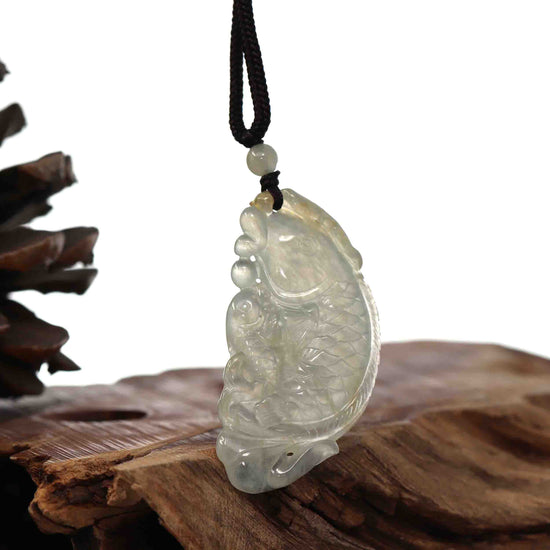 RealJade® Genuine Burmese Ice Jadeite Jade Fish Pendant Necklace