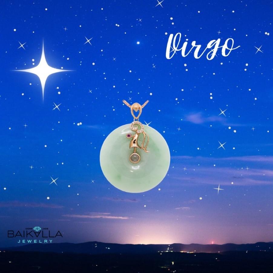 18k Rose Gold Genuine Jadeite Constellation (Virgo) Necklace Pendant with Diamonds & Ruby