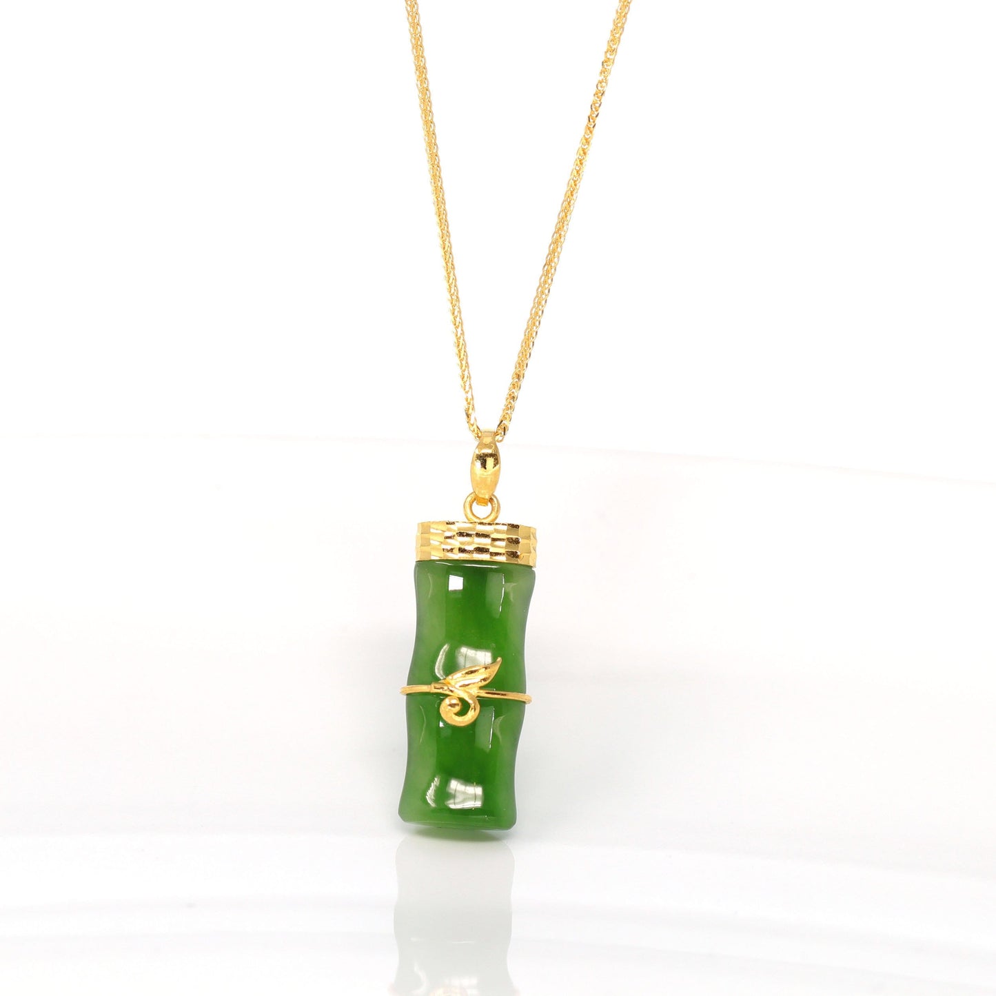  24k Yellow Gold Genuine Nephrite Green Jade Bamboo Pendant Necklace.