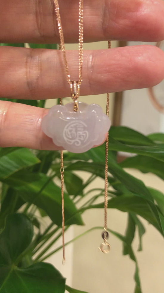 Load and play video in Gallery viewer, 18K Rose Gold Genuine Lavender Jadeite Happiness Fu Pendant with Diamonds Bail
